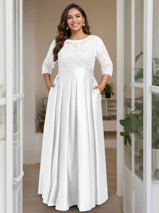 White Plus Size Floor-Length Mother of the Bride A-Line Dress with 3/4 Sleeves Scoop Neck Bow & Sequins