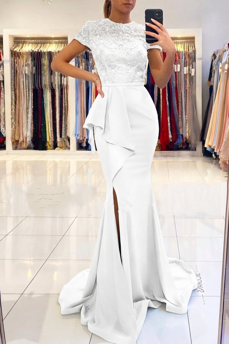 White Short Sleeve Lace Mermaid Prom Dress with Slit