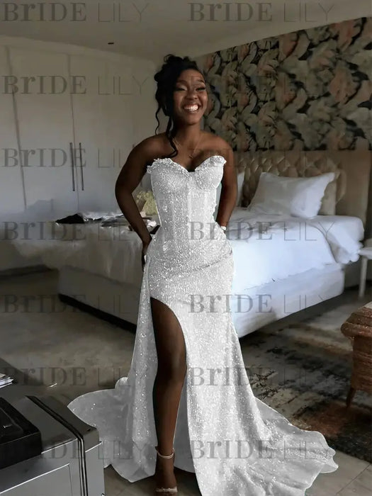White Sparkly Strapless Mermaid Sequined Prom Dress with Slit