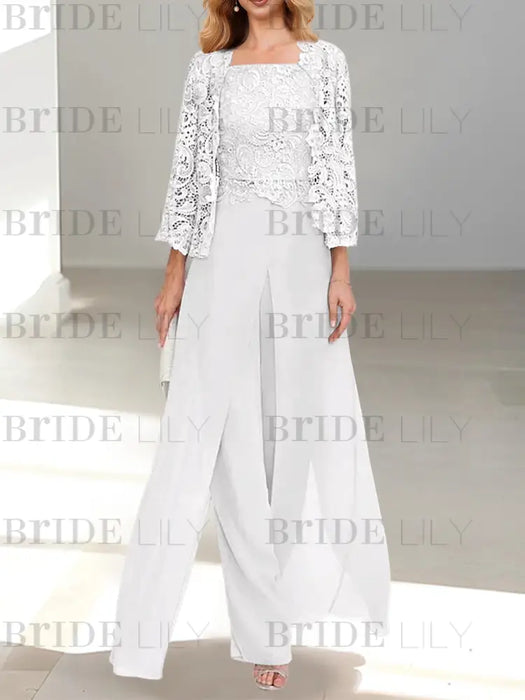 Floor-Length Square Neck Chiffon Mother of the Bride Pantsuit with Jacket & Side Split
