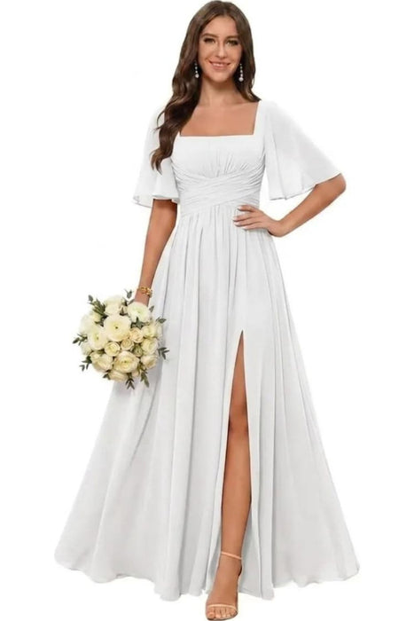 Square Neck Ruffle Sleeve Chiffon Bridesmaid Dress with Slit
