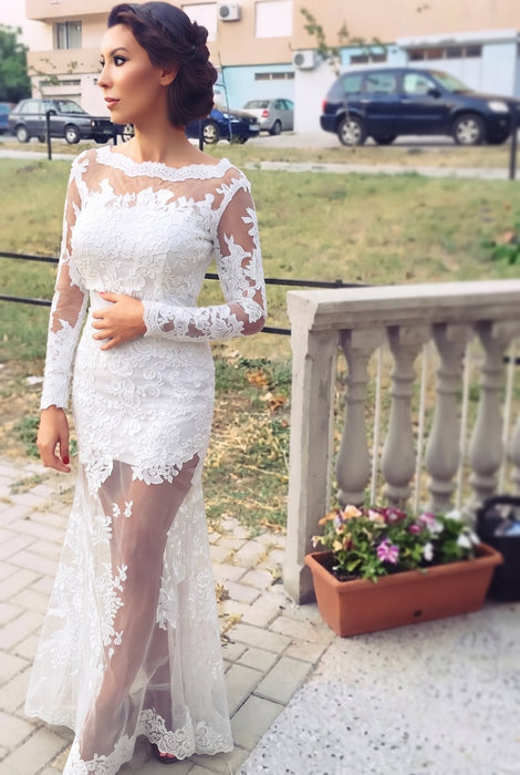 White Trumpet/Mermaid Bateau Long Sleeves Applique Lace Dresses - Prom Dresses