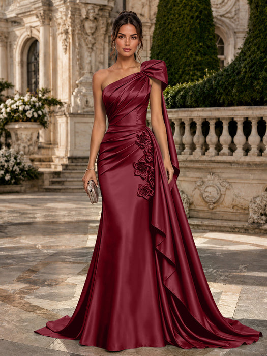 Wine Red One Shoulder Satin Mermaid Evening Dresses with 3D Flowers