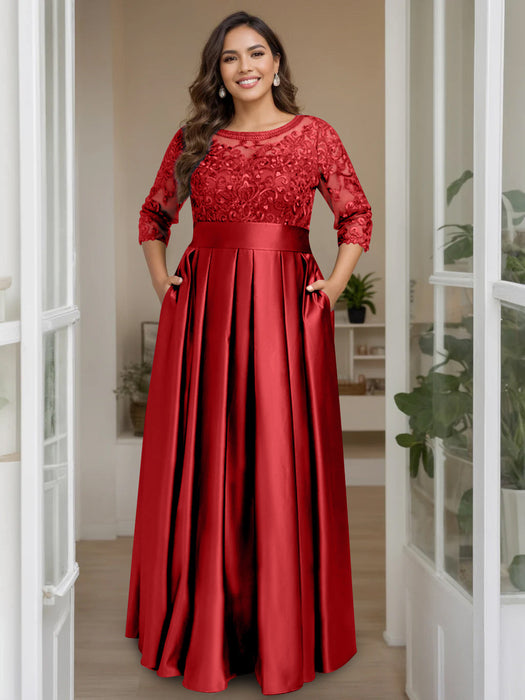 Red Plus Size Floor-Length Mother of the Bride A-Line Dress with 3/4 Sleeves Scoop Neck Bow & Sequins