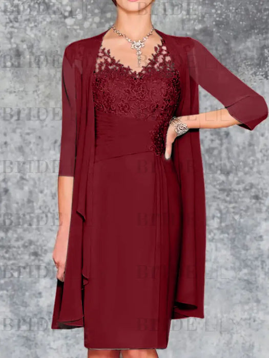 Wine Red Knee-Length V-Neck Sheath/Column Mother of the Bride Dresses