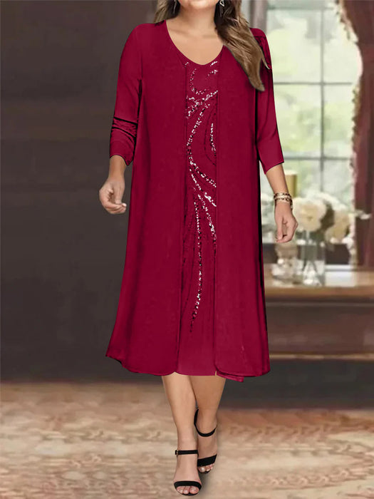 Wine Red V-Neck Long-Sleeve Tea-Length Plus Size Mother of the Bride Dress with Jacket and Sequins