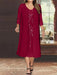Wine Red V-Neck Long-Sleeve Tea-Length Plus Size Mother of the Bride Dress with Jacket and Sequins