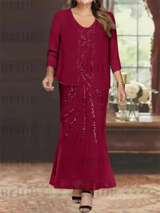 Plus Size V-Neck Ankle-Length Sheath/Column Mother of the Bride Dresses with Sequins & Jacket