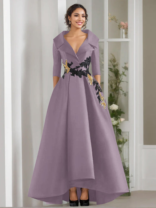 V-Neck A-Line Princess Floor-Length Mother of the Bride Dress with 3/4 Sleeves Appliques and Beading