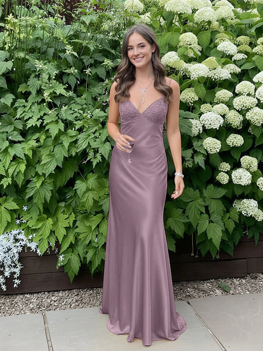 Wisteria V-neck Beaded Satin A Line Prom Dress