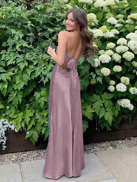 Wisteria V-neck Beaded Satin A Line Prom Dress
