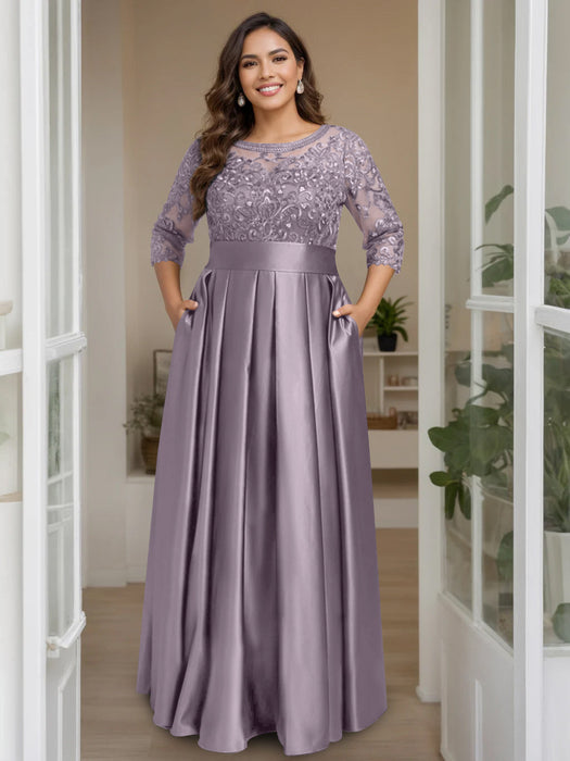 Wisteria Plus Size Floor-Length Mother of the Bride A-Line Dress with 3/4 Sleeves Scoop Neck Bow & Sequins