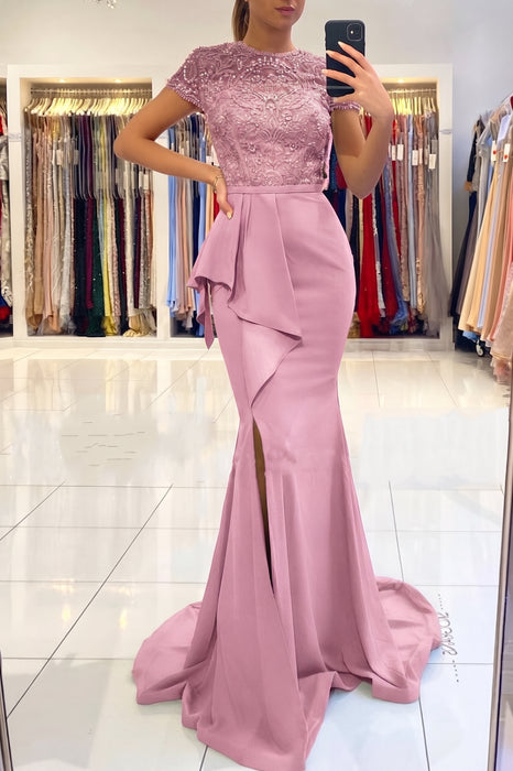 Wisteria Short Sleeve Lace Mermaid Prom Dress with Slit