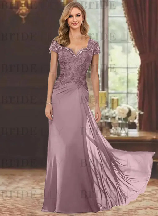 Sweetheart Short-Sleeve Floor-Length Sheath Mother of the Bride Dress with Lace Appliques & Sequins