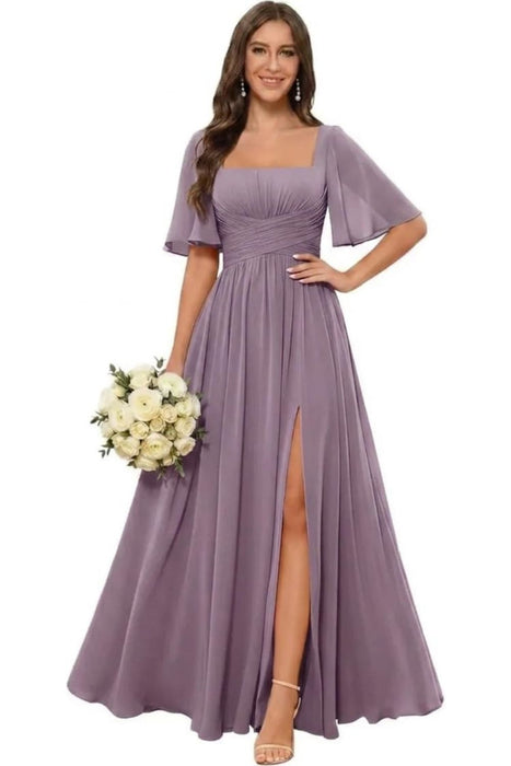 Square Neck Ruffle Sleeve Chiffon Bridesmaid Dress with Slit
