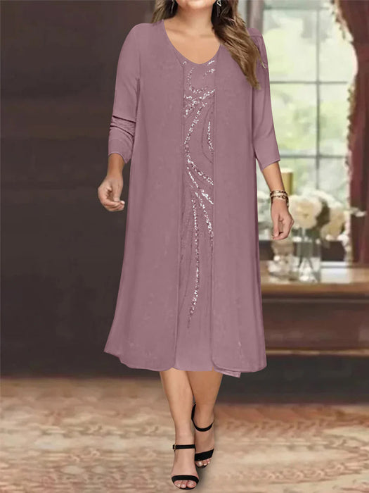 Wisteria V-Neck Long-Sleeve Tea-Length Plus Size Mother of the Bride Dress with Jacket and Sequins