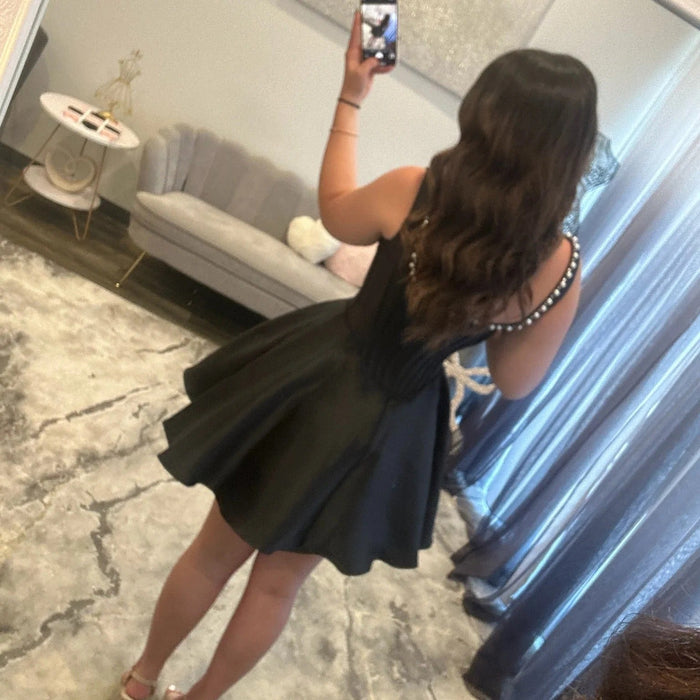 Chocolate Square Neck Pearl Trim Corset Homecoming Dress