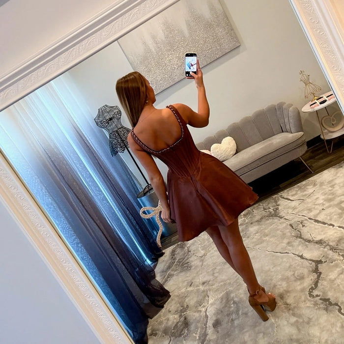 Chocolate Square Neck Pearl Trim Corset Homecoming Dress