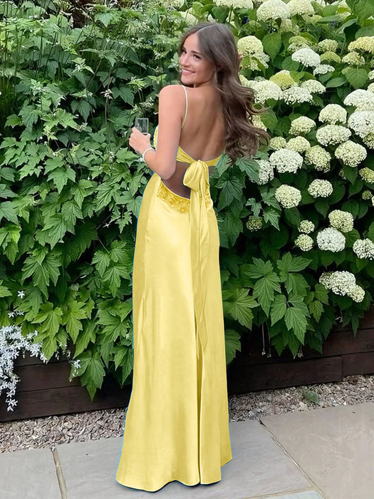 Yellow V-neck Beaded Satin A Line Prom Dress