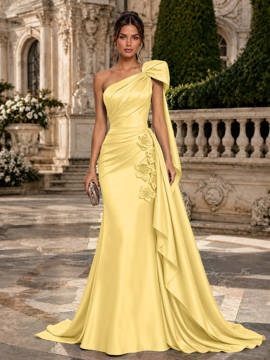 Yellow One Shoulder Satin Mermaid Evening Dresses with 3D Flowers