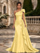 Yellow One Shoulder Satin Mermaid Evening Dresses with 3D Flowers