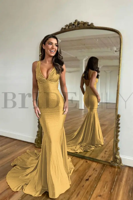 Yellow Prom Dress Mermaid V Neck Long Evening Dress with Beadings - Prom Dresses