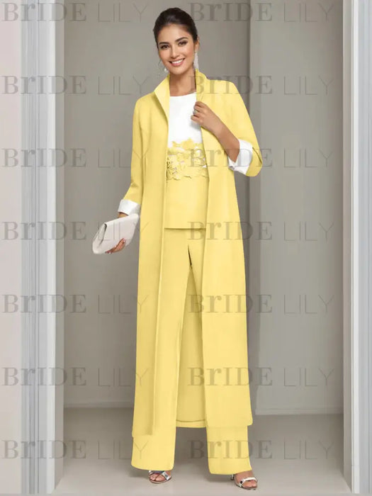 Ankle-Length Mother of the Bride Pantsuits in 3 Pieces Featuring Square Neck Jacket & Lace Appliques