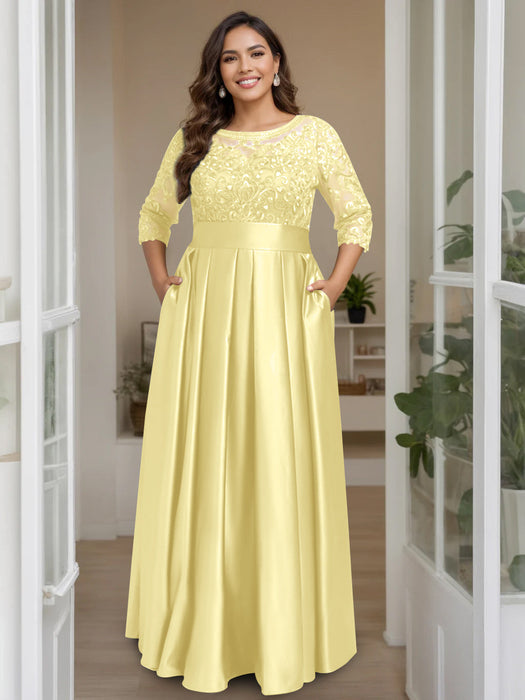 Yellow Plus Size Floor-Length Mother of the Bride A-Line Dress with 3/4 Sleeves Scoop Neck Bow & Sequins