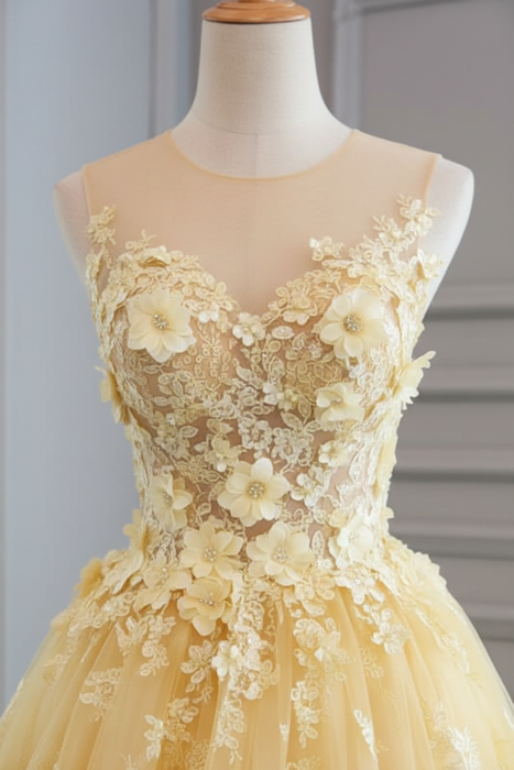 Yellow Sheer Neck Tulle Lace Appliqued Floor-length Prom Dresses - Prom Dresses