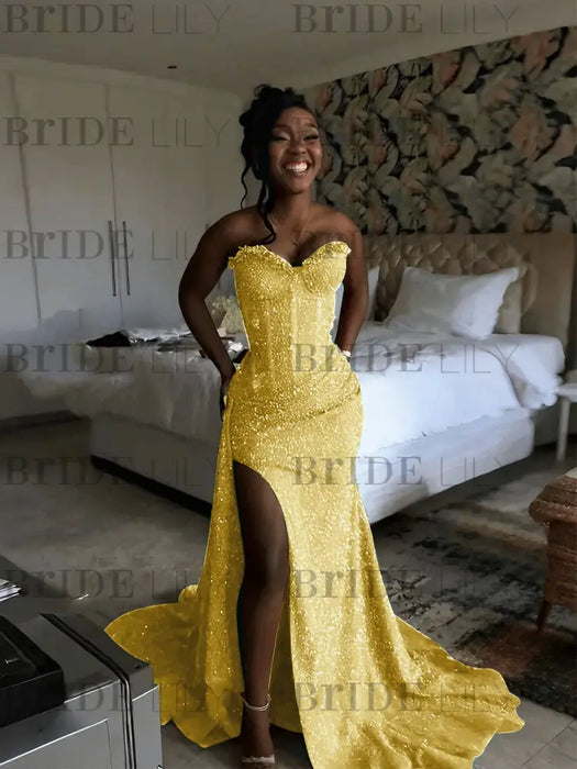 Yellow Sparkly Strapless Mermaid Sequined Prom Dress with Slit