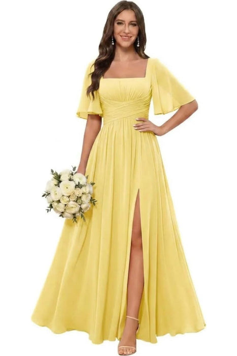 Square Neck Ruffle Sleeve Chiffon Bridesmaid Dress with Slit