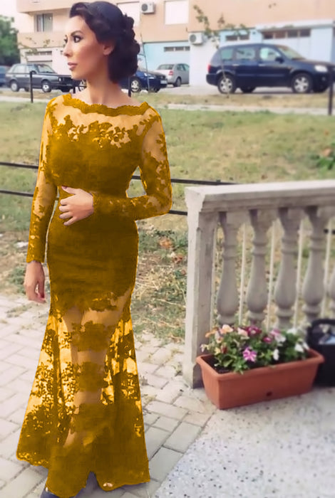 Yellow Trumpet/Mermaid Bateau Long Sleeves Applique Lace Dresses - Prom Dresses