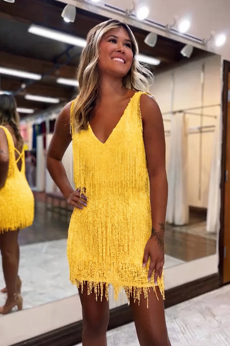Yellow V-Neck Backless Tight Short Homecoming Dress with Fringes