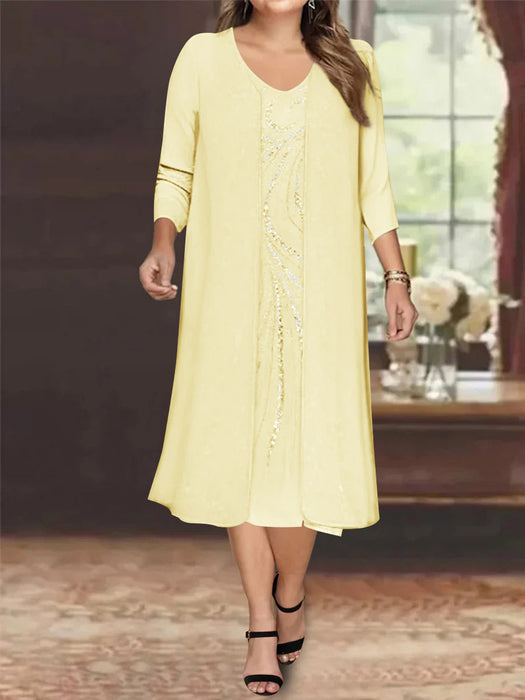 Yellow V-Neck Long-Sleeve Tea-Length Plus Size Mother of the Bride Dress with Jacket and Sequins