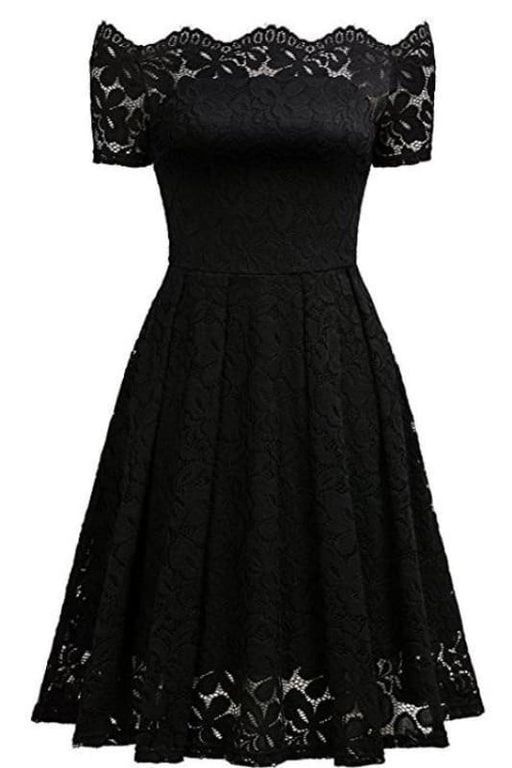 A| Bridelily Solid Lace Peasant Off the Shoulder A-line Dress - S / Black - lace dresses