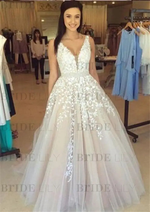 A Line Applique Tulle Prom Long V Neck Sleeveless Party Dress with Beading - Prom Dresses