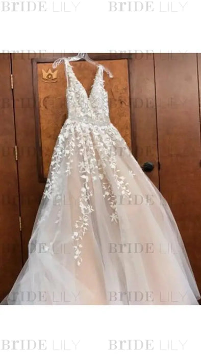 A Line Applique Tulle Prom Long V Neck Sleeveless Party Dress with Beading - Prom Dresses