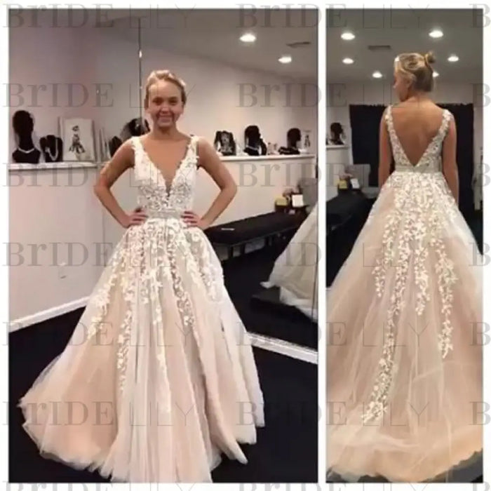 A Line Applique Tulle Prom Long V Neck Sleeveless Party Dress with Beading - Prom Dresses