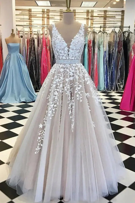 A Line Applique Tulle Prom Long V Neck Sleeveless Party Dress with Beading - Prom Dresses