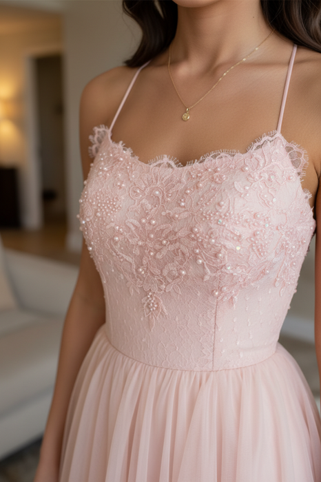 A Line Backless Pink Lace Long Prom Dresses