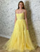 A Line Backless Tulle Long Lace Appliques Yellow Prom Dresses, Backless Yellow Lace Formal Dresses, Lace Yellow Evening Dresses