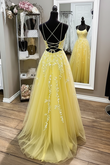 A Line Backless Yellow Lace Long Prom Dresses, Yellow Lace Formal Graduation Evening Dresses