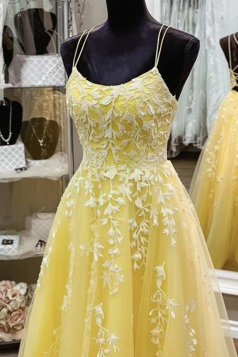 A Line Backless Yellow Lace Long Prom Dresses, Yellow Lace Formal Graduation Evening Dresses