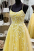 A Line Backless Yellow Lace Long Prom Dresses, Yellow Lace Formal Graduation Evening Dresses
