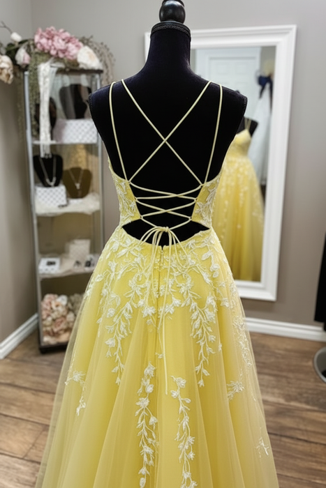 A Line Backless Yellow Lace Long Prom Dresses, Yellow Lace Formal Graduation Evening Dresses