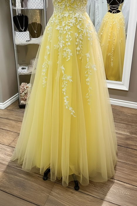 A Line Backless Yellow Lace Long Prom Dresses, Yellow Lace Formal Graduation Evening Dresses