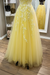 A Line Backless Yellow Lace Long Prom Dresses, Yellow Lace Formal Graduation Evening Dresses