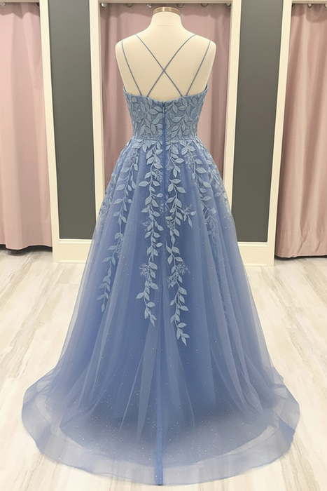 A Line Blue Lace Long Prom Dresses, Blue Lace Formal Dresses, Blue Evening Dresses