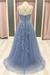 A Line Blue Lace Long Prom Dresses, Blue Lace Formal Dresses, Blue Evening Dresses