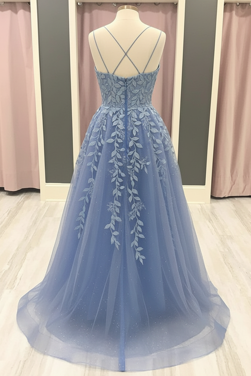 A Line Blue Lace Long Prom Dresses, Blue Lace Formal Dresses, Blue Evening Dresses